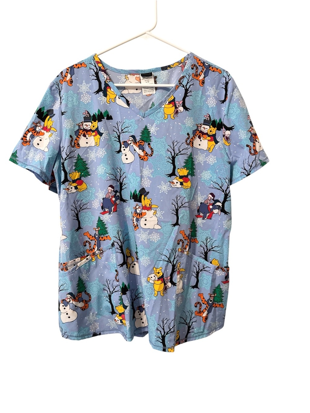 Disney Light Blue Winnie the Pooh & Friends Holiday Print Scrub Top